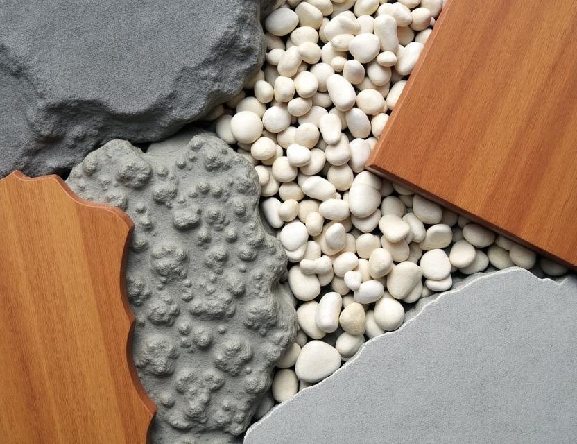 Dettaglio di diverse texture di pietra e legno per esterni