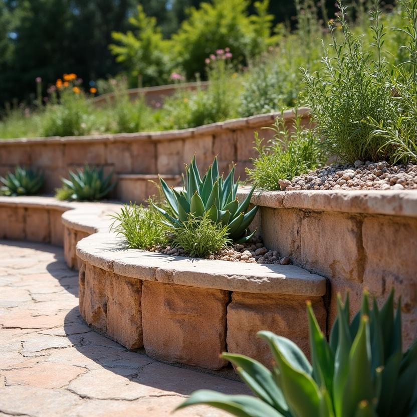 Muro di contenimento artistico in pietra locale con piante integrate