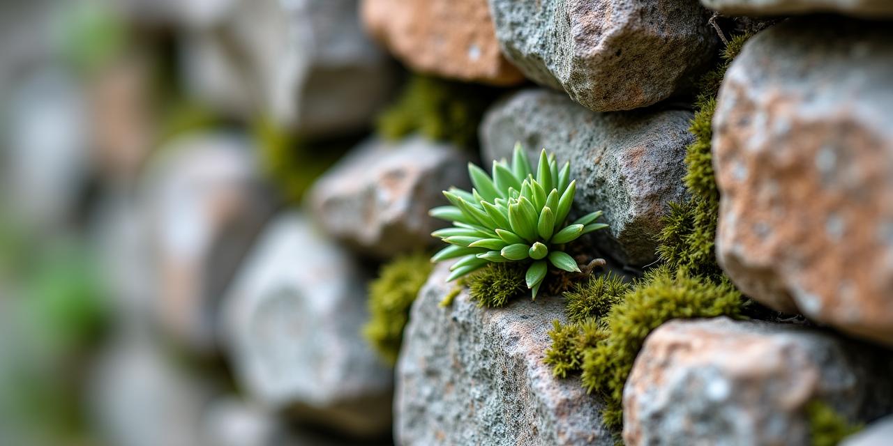 Dettaglio di un muretto a secco in pietra naturale con vegetazione tra le fessure